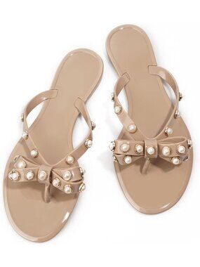 🆕Women's Cream Rivet Flip Flops Studded Thong Sandals with Bow Flat Beach